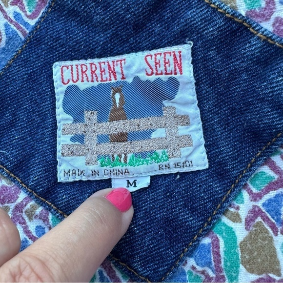 Vintage Current Seen men’s medium women’s large denim jacket bejewelled puffy - Picture 3 of 9